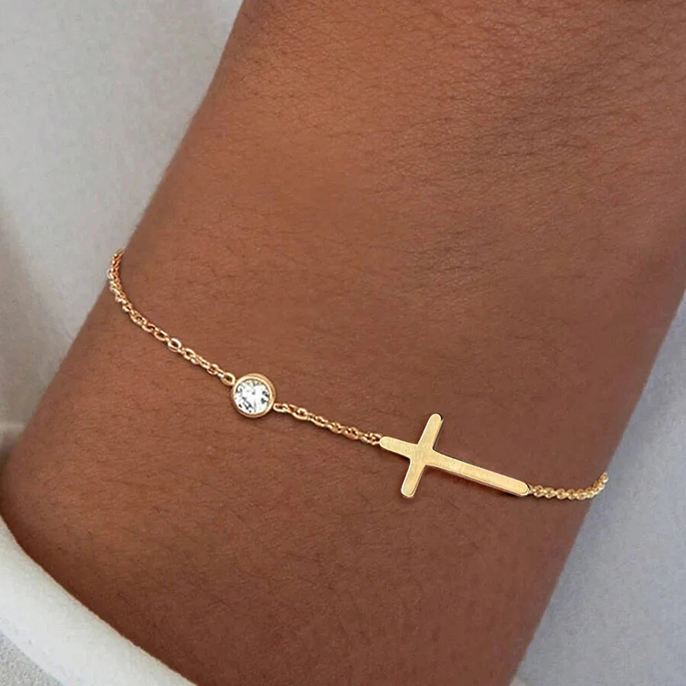 Cross Bracelet for Women Dainty CZ Cross Bracelet 18K Gold Stainless Steel Waterproof Chain Bracelet Baptism Gifts Gold Jewelry