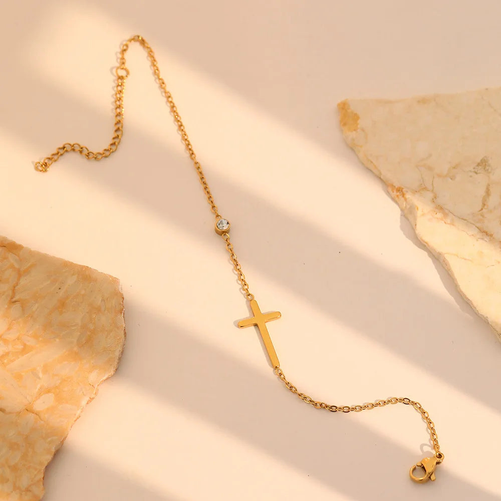 Cross Bracelet for Women Dainty CZ Cross Bracelet 18K Gold Stainless Steel Waterproof Chain Bracelet Baptism Gifts Gold Jewelry
