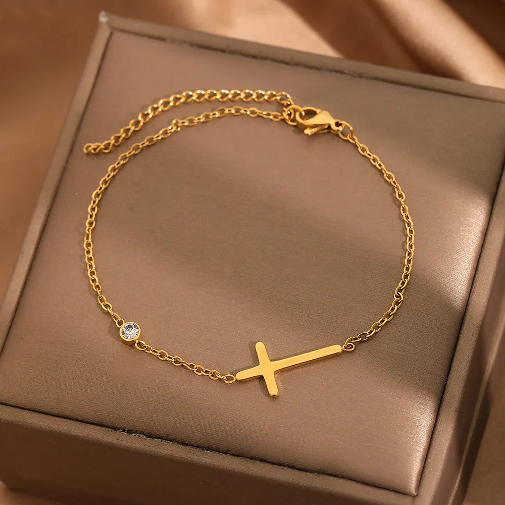 Cross Bracelet for Women Dainty CZ Cross Bracelet 18K Gold Stainless Steel Waterproof Chain Bracelet Baptism Gifts Gold Jewelry