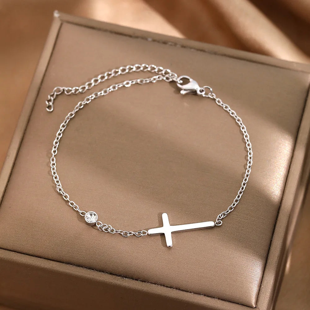 Cross Bracelet for Women Dainty CZ Cross Bracelet 18K Gold Stainless Steel Waterproof Chain Bracelet Baptism Gifts Gold Jewelry